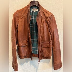 Women’s Brown Leather Jacket with Plaid Lining